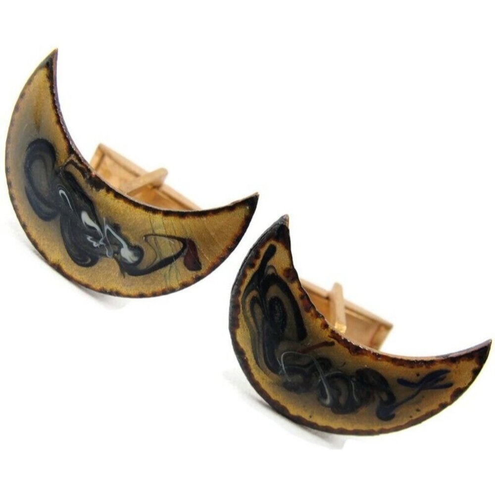 Vintage Copper Enamel Half Moon Cufflinks Round Gold Tone Shirt Accessories